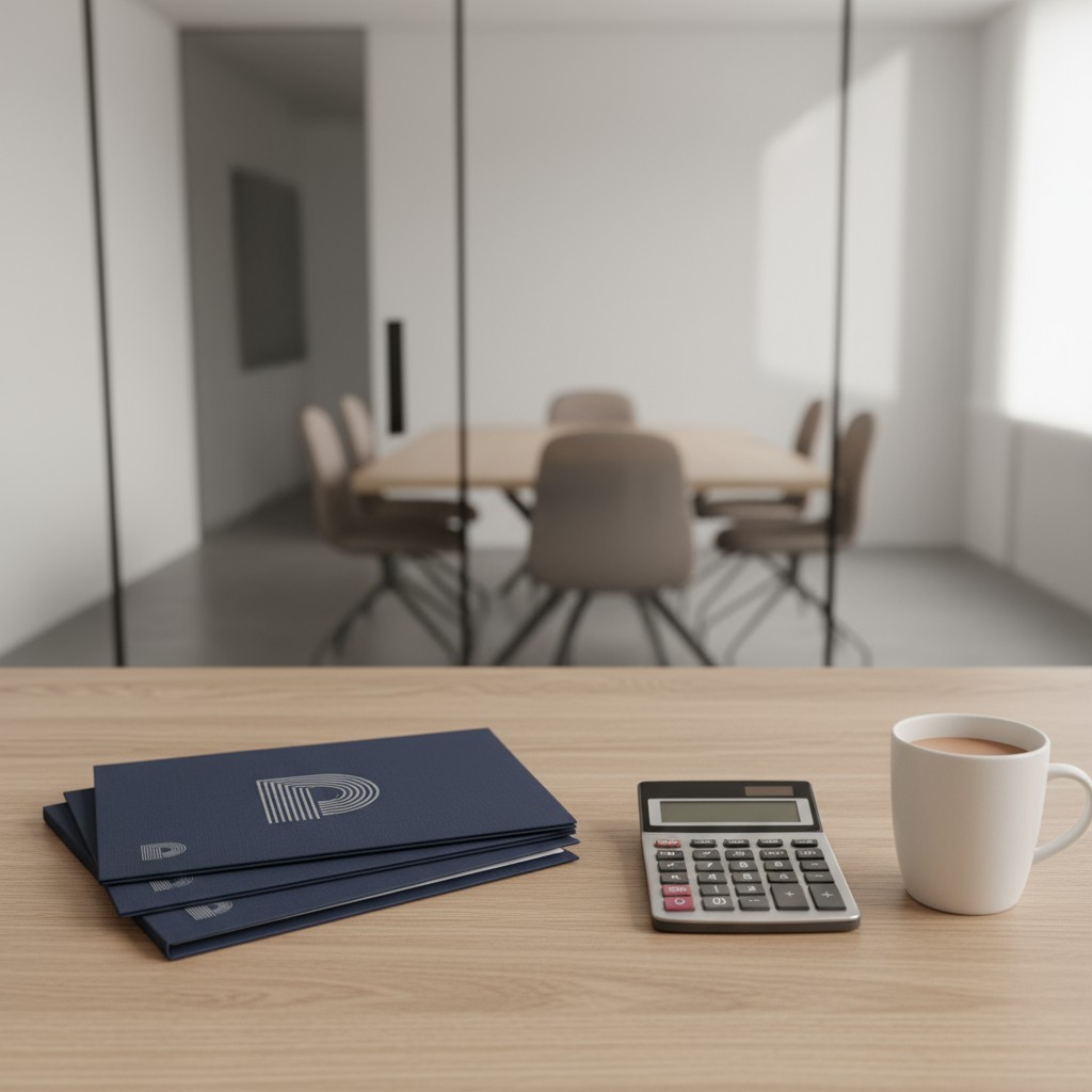 Image of a light wood desk with a calculator, stack of blue folders, and coffee filled white mug. Outside view of a glass-...